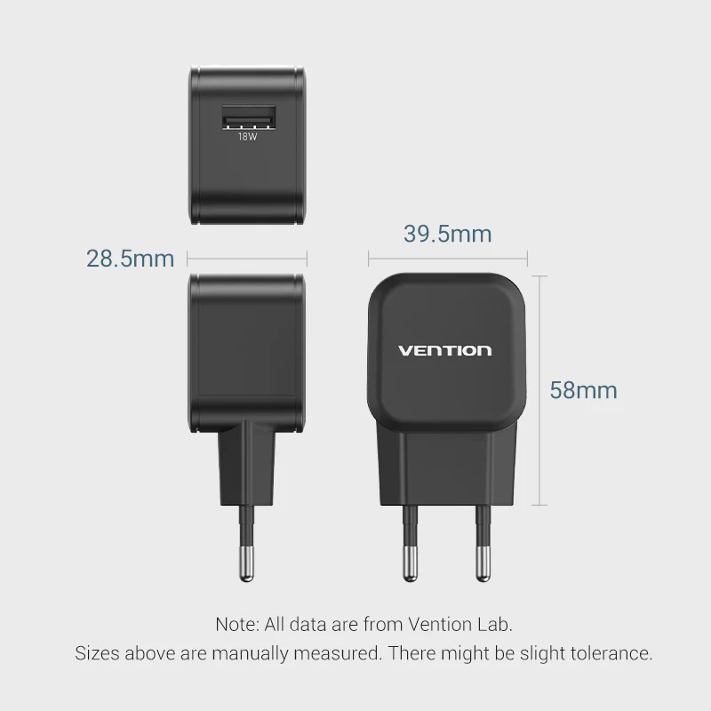Vention 1-Port USB Wall Charger (18W) EU-Plug Black - Image 13