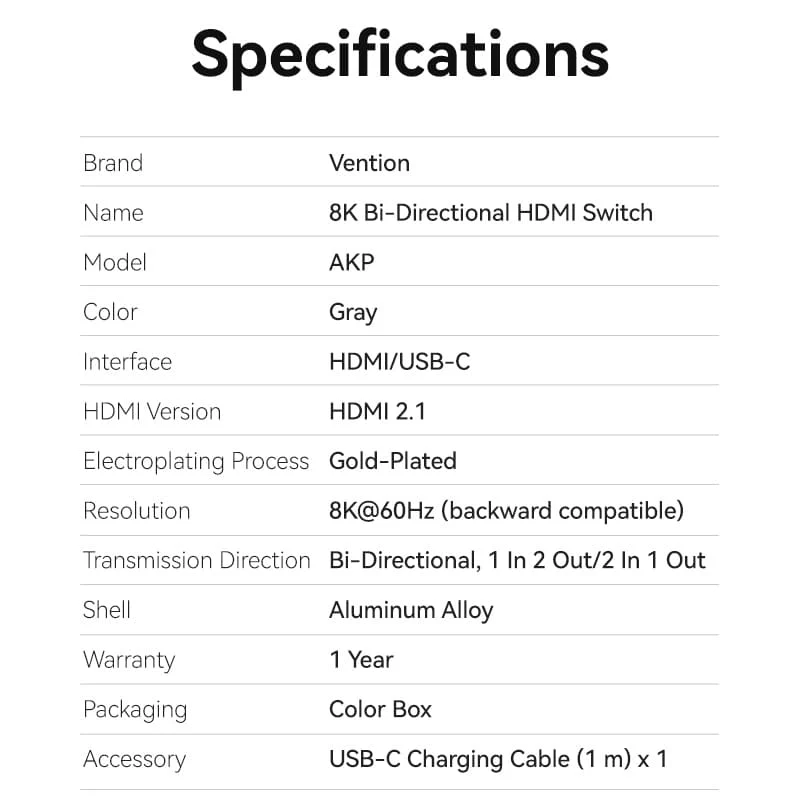 Vention 2-Port Bi-Directional 8K HDMI™ Switcher Gray Aluminium Alloy Type - Image 19