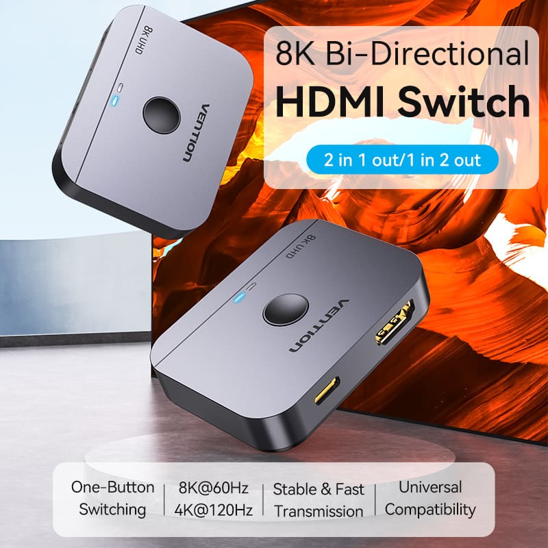 Vention 2-Port Bi-Directional 8K HDMI™ Switcher Gray Aluminium Alloy Type - Image 5