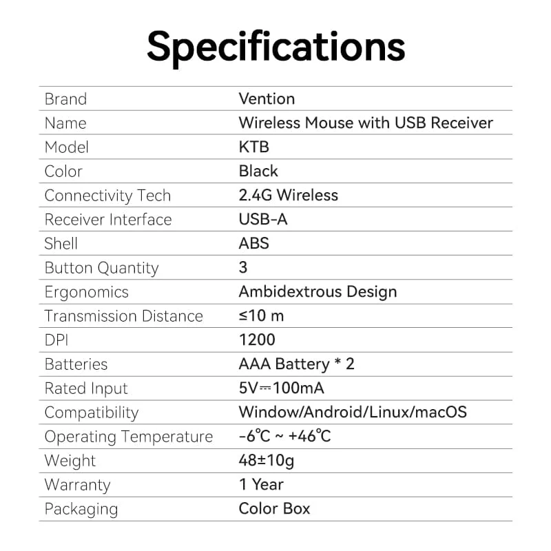 Vention 3-Button Wireless Computer Mouse with USB Receiver Black - Image 12