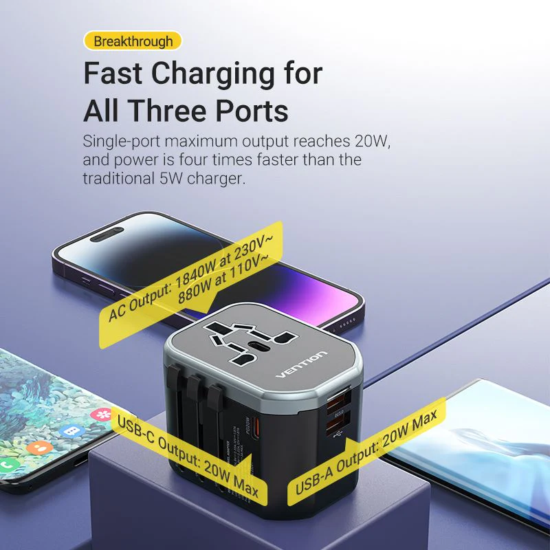 Vention 3-Port USB (C+C+A) Universal Travel Adapter (20W/18W/18W) - Image 4
