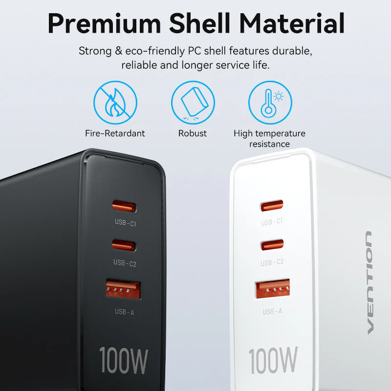 Vention 3-Port USB (C+C+A) GaN Charger (100W/100W/30W) EU-Plug - Image 12