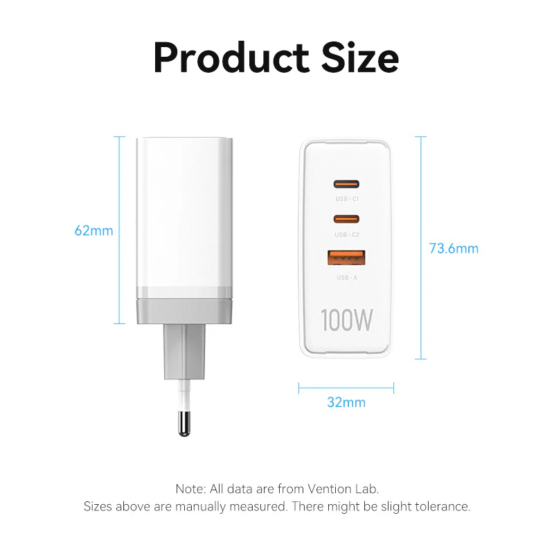 Vention 3-Port USB (C+C+A) GaN Charger (100W/100W/30W) EU-Plug - Image 15