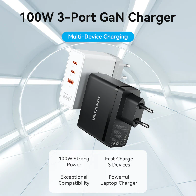 Vention 3-Port USB (C+C+A) GaN Charger (100W/100W/30W) EU-Plug - Image 3