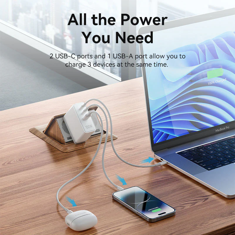 Vention 3-Port USB (C+C+A) GaN Charger (100W/100W/30W) EU-Plug - Image 9