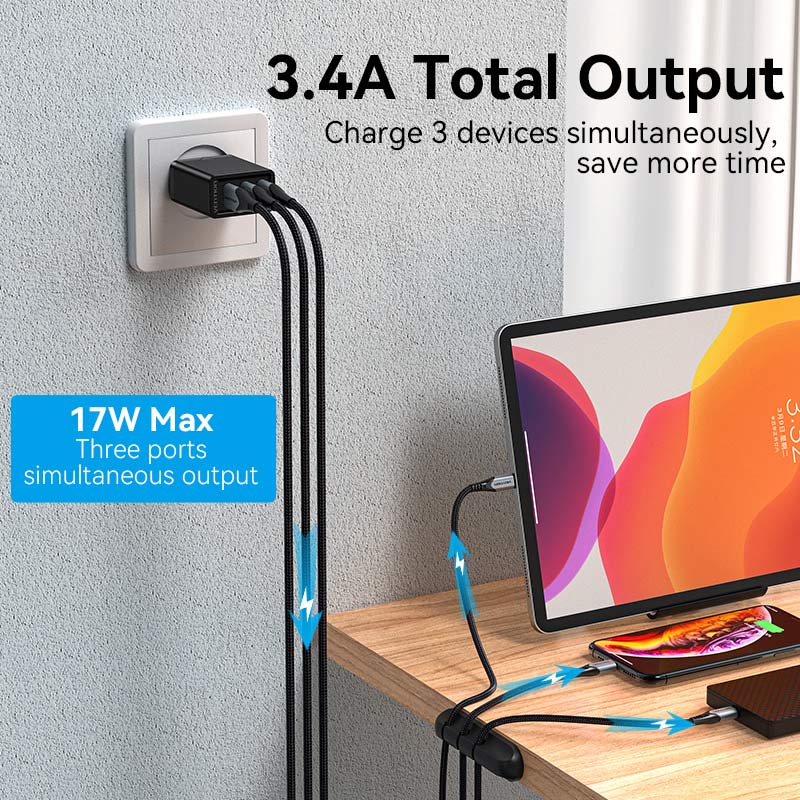 Vention 3-Port USB(A+A+A) Wall Charger(12W/12W/12W) EU-Plug - Image 3