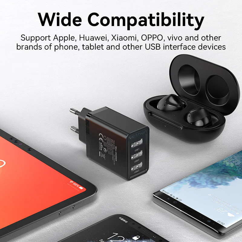 Vention 3-Port USB(A+A+A) Wall Charger(12W/12W/12W) EU-Plug - Image 5