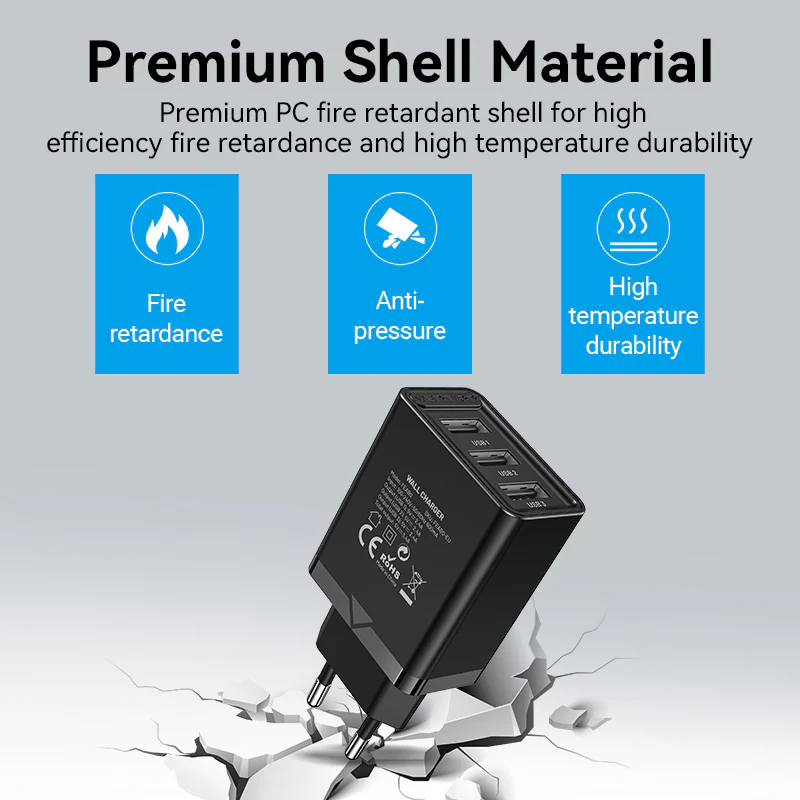 Vention 3-Port USB(A+A+A) Wall Charger(12W/12W/12W) EU-Plug - Image 8