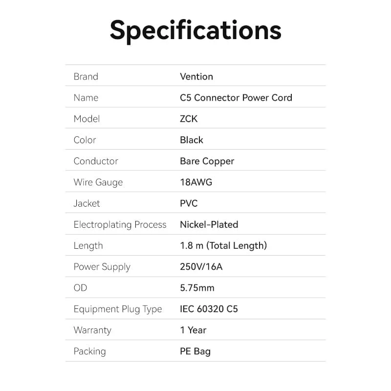 3-Prong Power Cord 1.8M C5 Connector EU Plug - Image 9