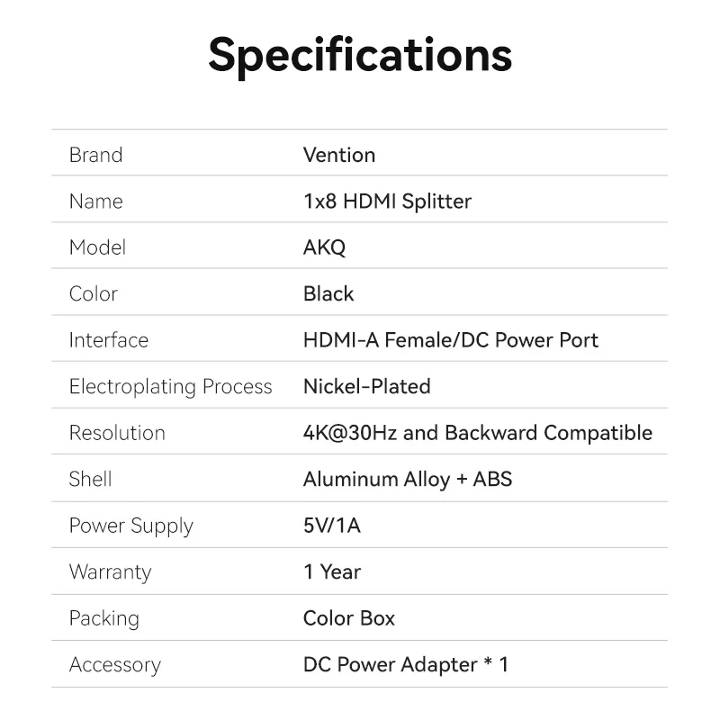 Vention 4K 1x8 HDMI™ Splitter Black Aluminum Alloy Type EU Standard - Image 15