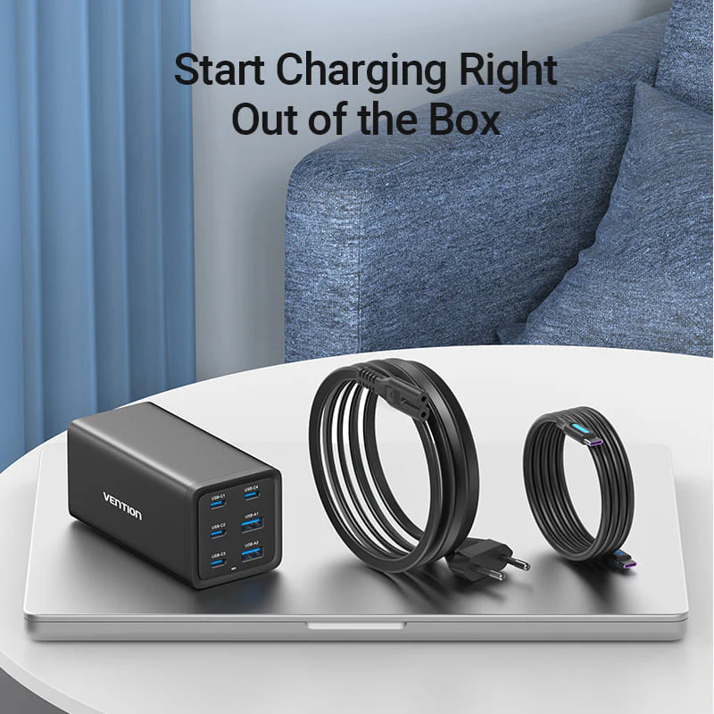 Vention 6-Port USB (C+C+C+C +A+A) Desktop GaN Charger (140W/140W/45W/20W/18W/18W) Plug - Image 10