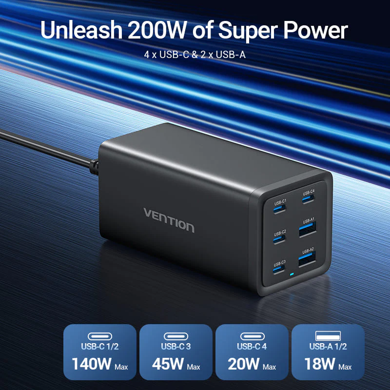 Vention 6-Port USB (C+C+C+C +A+A) Desktop GaN Charger (140W/140W/45W/20W/18W/18W) Plug - Image 4