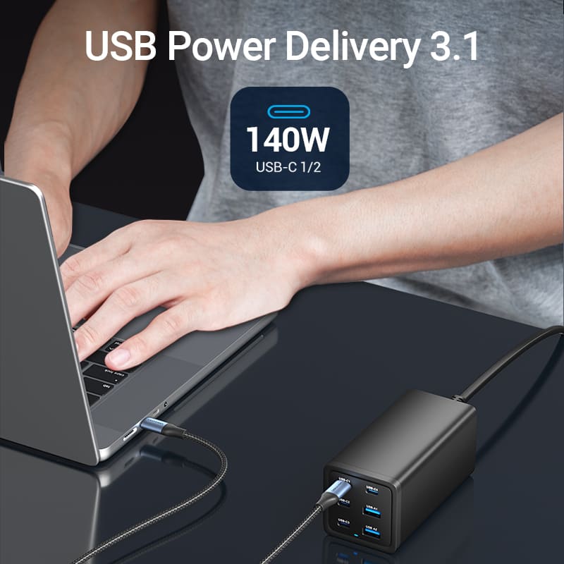 Vention 6-Port USB (C+C+C+C +A+A) Desktop GaN Charger (140W/140W/45W/20W/18W/18W) Plug - Image 7