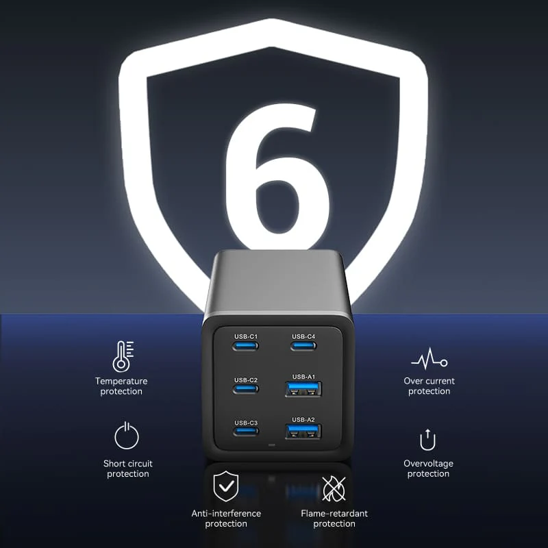 Vention 6-Port USB (C+C+C+C +A+A) Desktop GaN Charger (140W/140W/45W/20W/18W/18W) Plug - Image 9