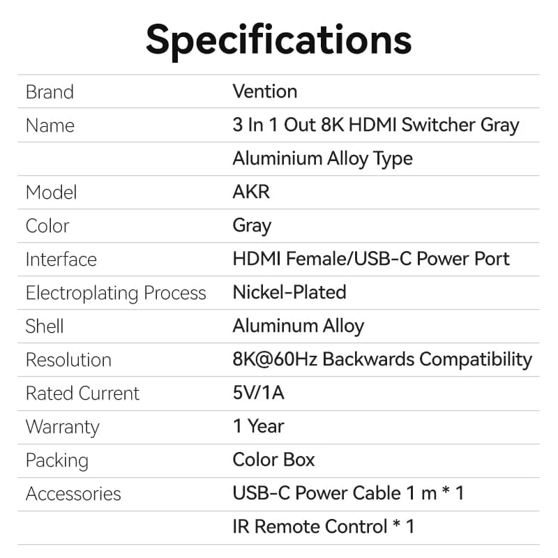 Vention 3 In 1 Out 8K HDMI™ Switcher Gray Aluminium Alloy Type - Image 15