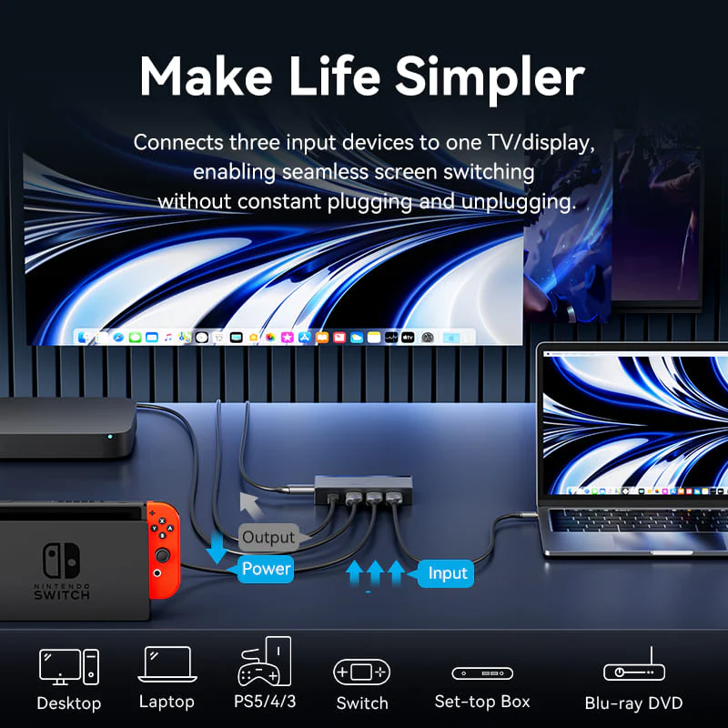Vention 3 In 1 Out 8K HDMI™ Switcher Gray Aluminium Alloy Type - Image 4