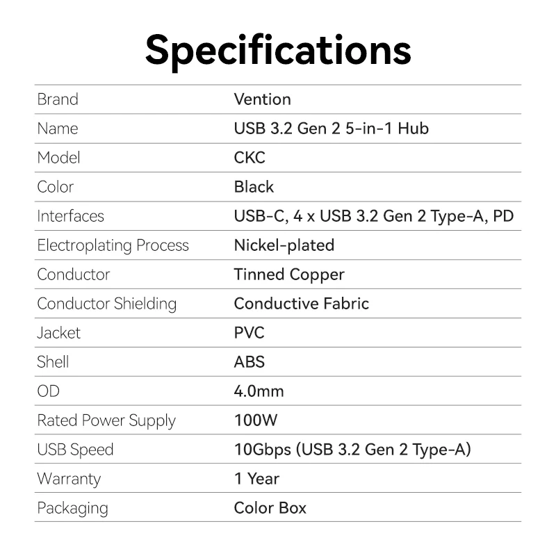 Vention USB-C to USB 3.2 Gen 2 Type-A x 4/PD 10G Hub 0.15M Black - Image 10