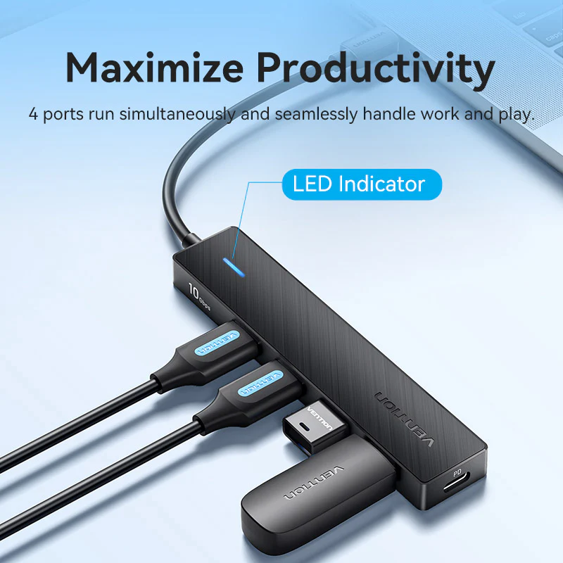 Vention USB-C to USB 3.2 Gen 2 Type-A x 4/PD 10G Hub 0.15M Black - Image 5
