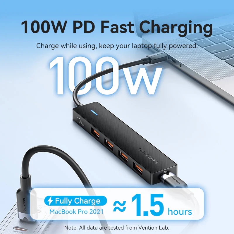 Vention USB-C to USB 3.2 Gen 2 Type-A x 4/PD 10G Hub 0.15M Black - Image 6