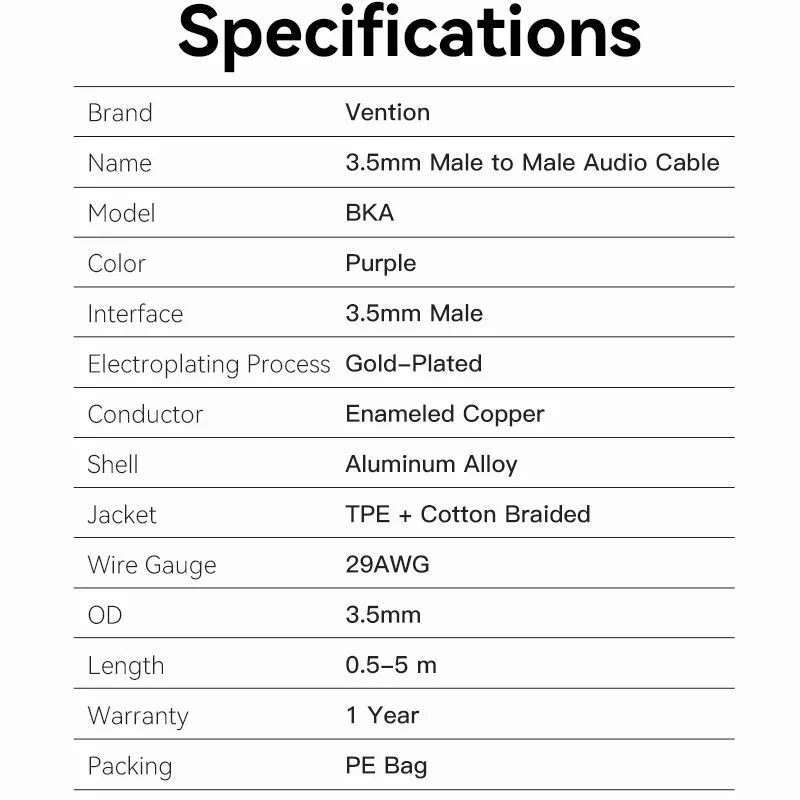 Vention Cotton Braided 3.5mm Male to Male Audio Cable 0.5/1/1.5/2/3/5M Purple Aluminum Alloy Type - Image 11