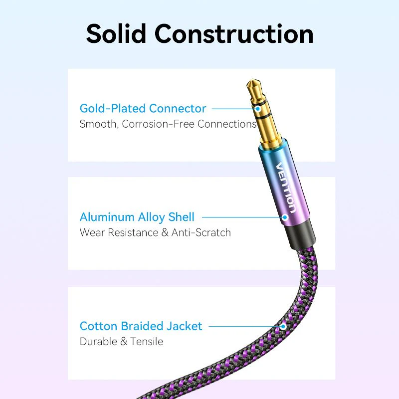 Vention Cotton Braided 3.5mm Male to Male Audio Cable 0.5/1/1.5/2/3/5M Purple Aluminum Alloy Type - Image 8