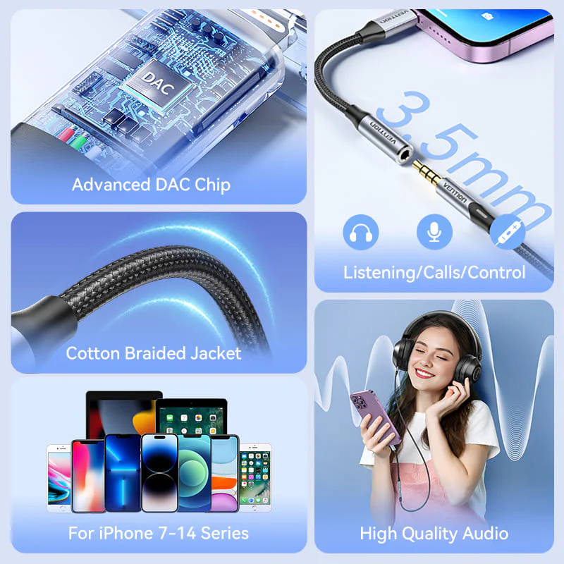 Vention Cotton Braided Lightning Male to 3.5MM Earphone Jack Adapter Aluminum Alloy Type - Image 3