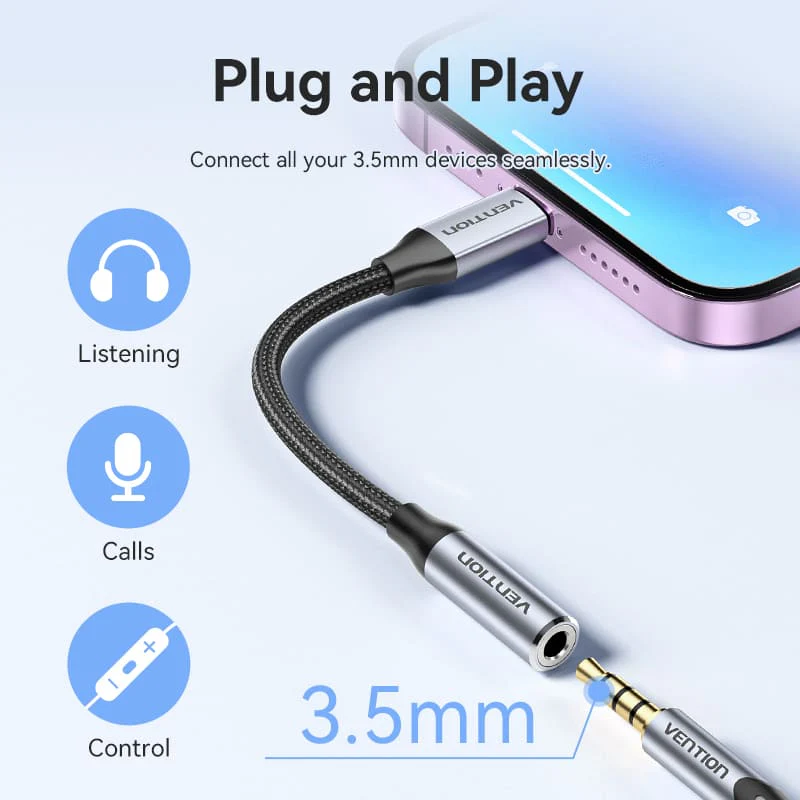 Vention Cotton Braided Lightning Male to 3.5MM Earphone Jack Adapter Aluminum Alloy Type - Image 8