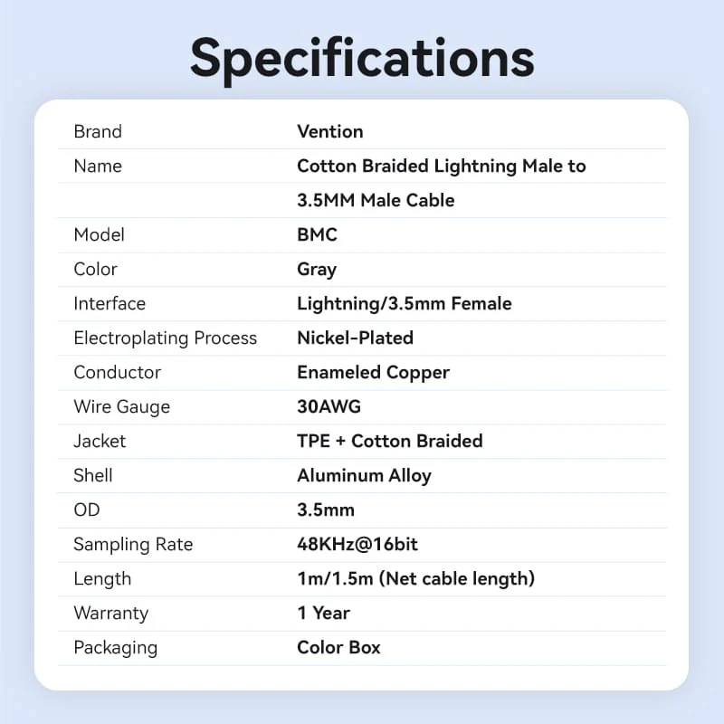 Vention Cotton Braided Lightning Male to 3.5MM Male Cable Aluminum Alloy Type - Image 15