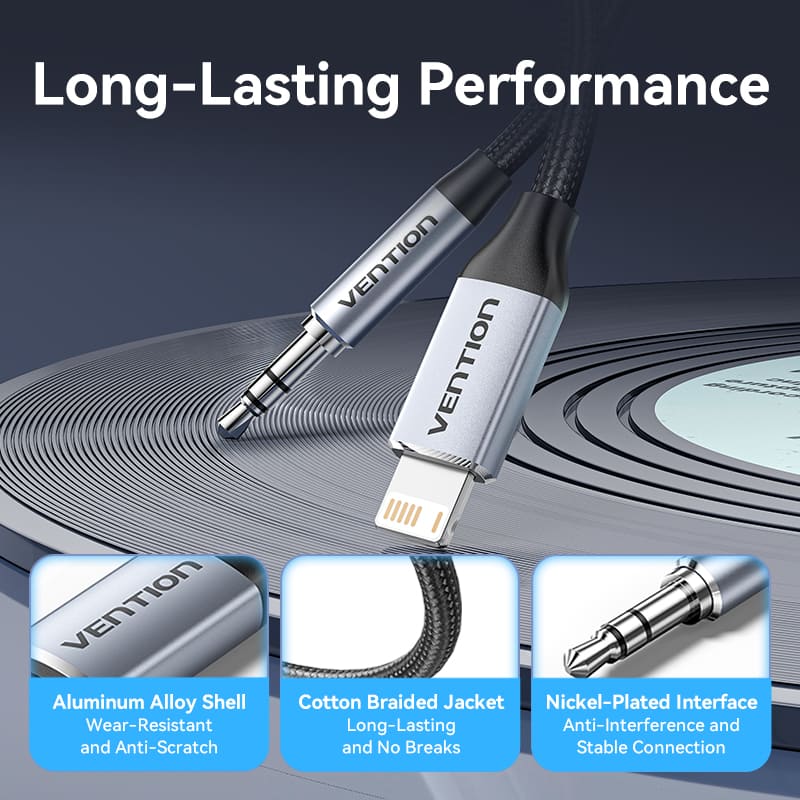 Vention Cotton Braided Lightning Male to 3.5MM Male Cable Aluminum Alloy Type - Image 3