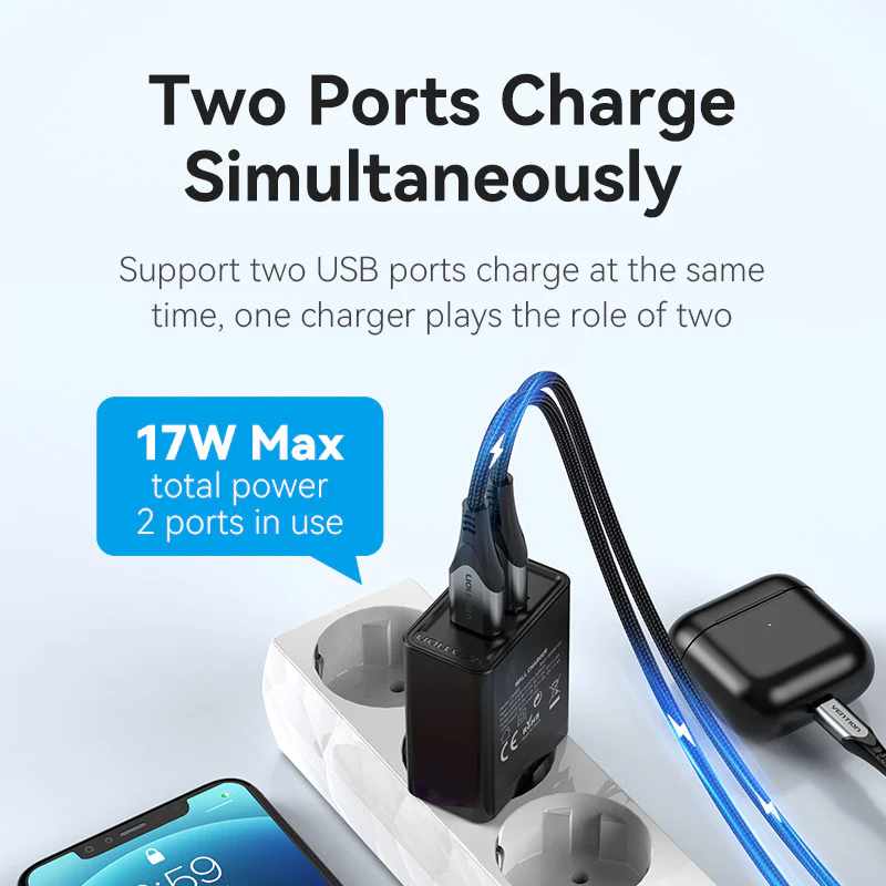Vention 2-Port USB(A+A) Wall Charger (18W/18W) EU-Plug - Image 4
