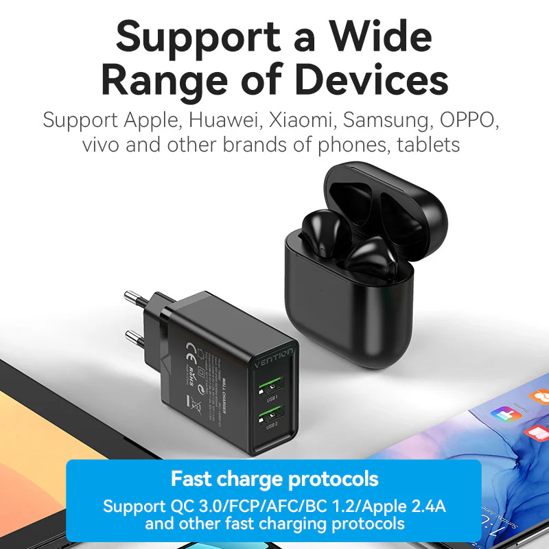 Vention 2-Port USB(A+A) Wall Charger (18W/18W) EU-Plug - Image 5