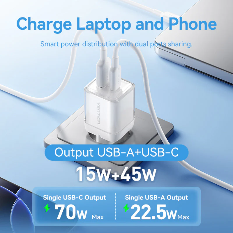 Vention 2-Port USB (C + A) GaN Charger (70W/22.5W) EU-Plug Transparent Gray - Image 10