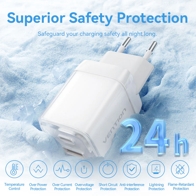 Vention 2-Port USB (C + A) GaN Charger (70W/22.5W) EU-Plug Transparent Gray - Image 11