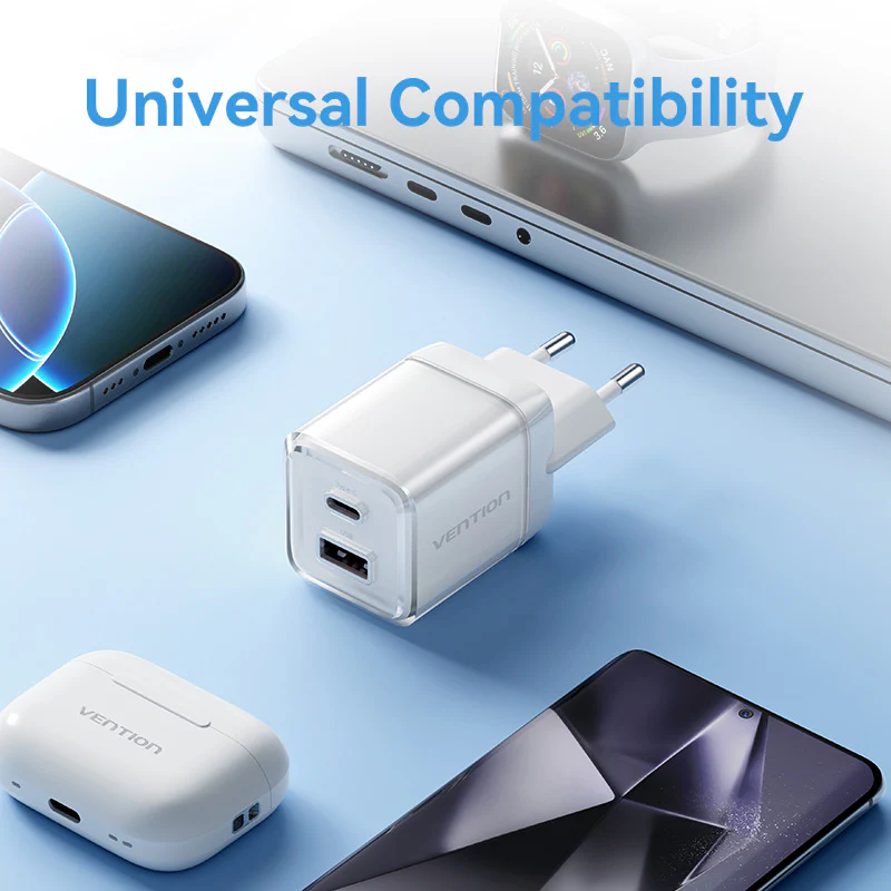 Vention 2-Port USB (C + A) GaN Charger (70W/22.5W) EU-Plug Transparent Gray - Image 12