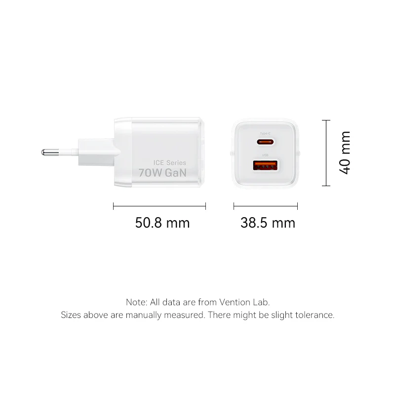 Vention 2-Port USB (C + A) GaN Charger (70W/22.5W) EU-Plug Transparent Gray - Image 14