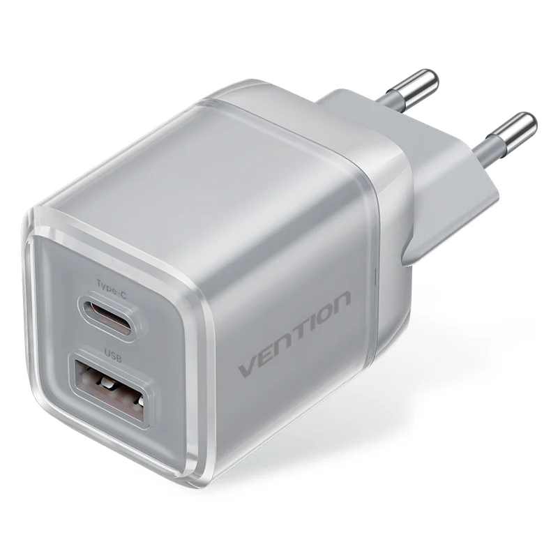 Vention 2-Port USB (C + A) GaN Charger (70W/22.5W) EU-Plug Transparent Gray - Image 3