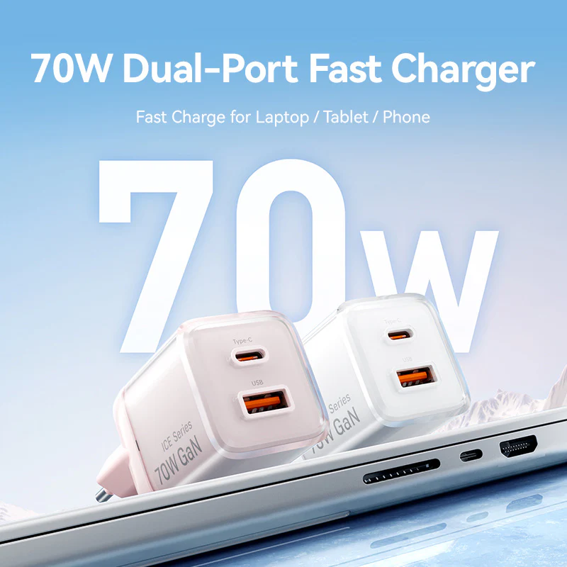 Vention 2-Port USB (C + A) GaN Charger (70W/22.5W) EU-Plug Transparent Gray - Image 4