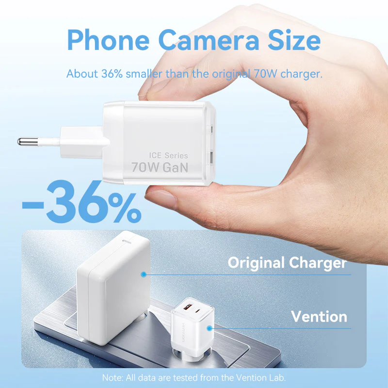 Vention 2-Port USB (C + A) GaN Charger (70W/22.5W) EU-Plug Transparent Gray - Image 7
