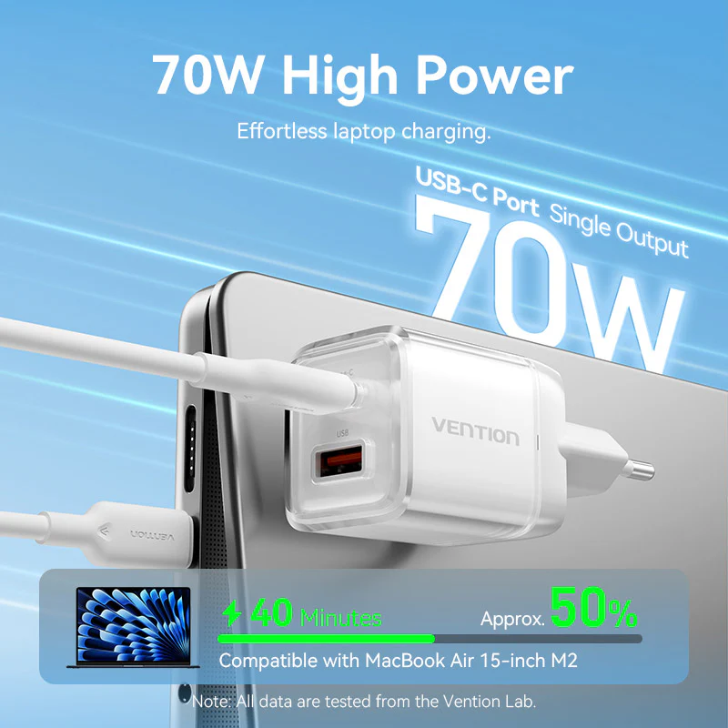 Vention 2-Port USB (C + A) GaN Charger (70W/22.5W) EU-Plug Transparent Gray - Image 8