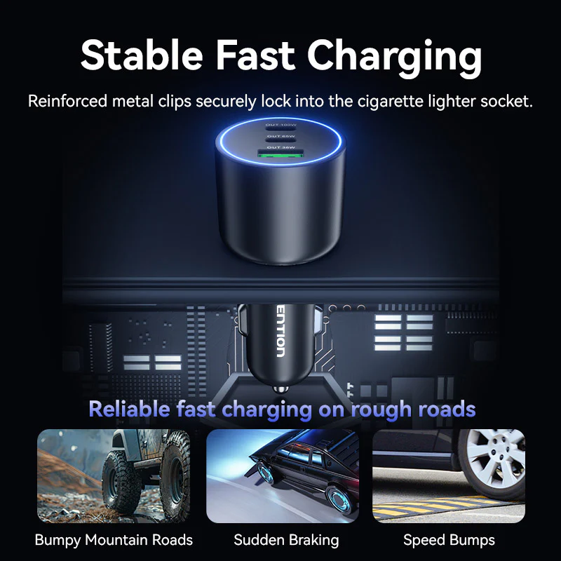 Vention Three-Port USB C+C+A (100W+65W+30W) Car Charger Black ABS Type - Image 10