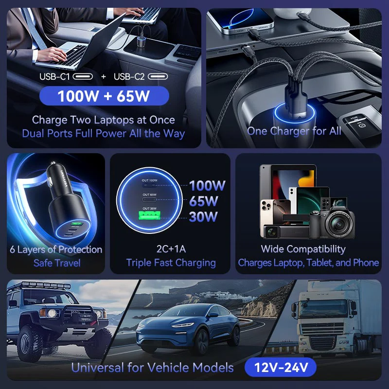 Vention Three-Port USB C+C+A (100W+65W+30W) Car Charger Black ABS Type - Image 14