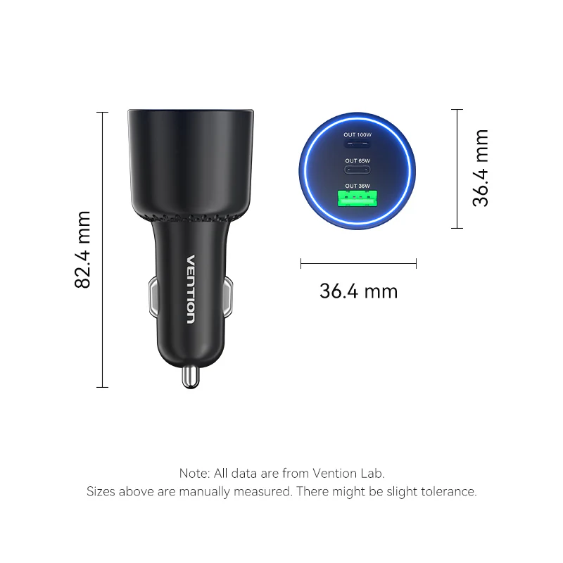 Vention Three-Port USB C+C+A (100W+65W+30W) Car Charger Black ABS Type - Image 16