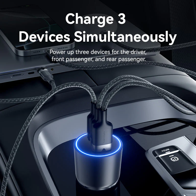 Vention Three-Port USB C+C+A (100W+65W+30W) Car Charger Black ABS Type - Image 5