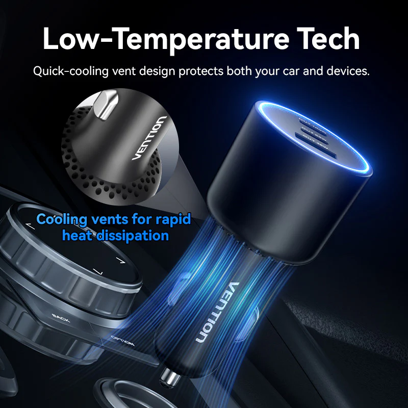 Vention Three-Port USB C+C+A (100W+65W+30W) Car Charger Black ABS Type - Image 7