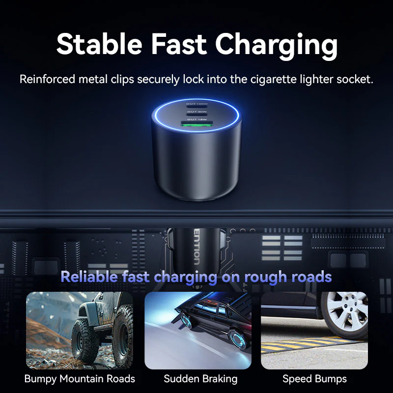 Vention Three-Port USB C+C+A (100W+30W+18W) Car Charger Black ABS Type - Image 11