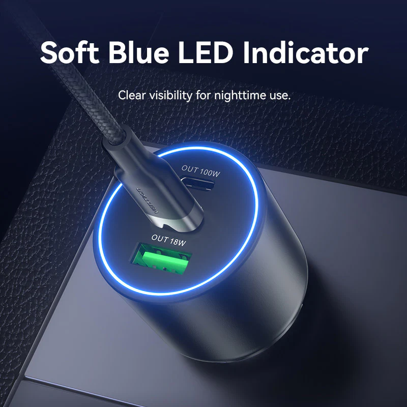 Vention Three-Port USB C+C+A (100W+30W+18W) Car Charger Black ABS Type - Image 14