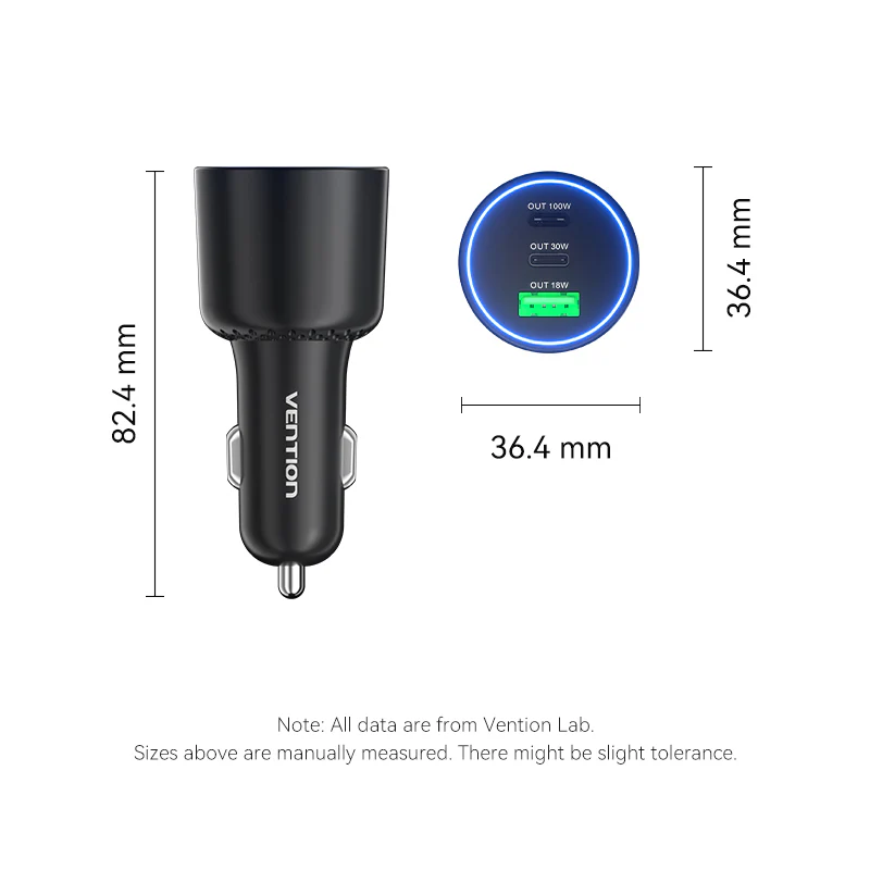 Vention Three-Port USB C+C+A (100W+30W+18W) Car Charger Black ABS Type - Image 17