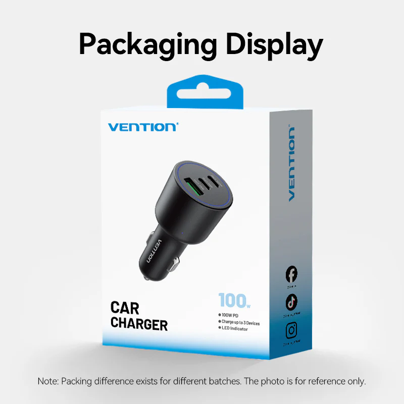Vention Three-Port USB C+C+A (100W+30W+18W) Car Charger Black ABS Type - Image 18