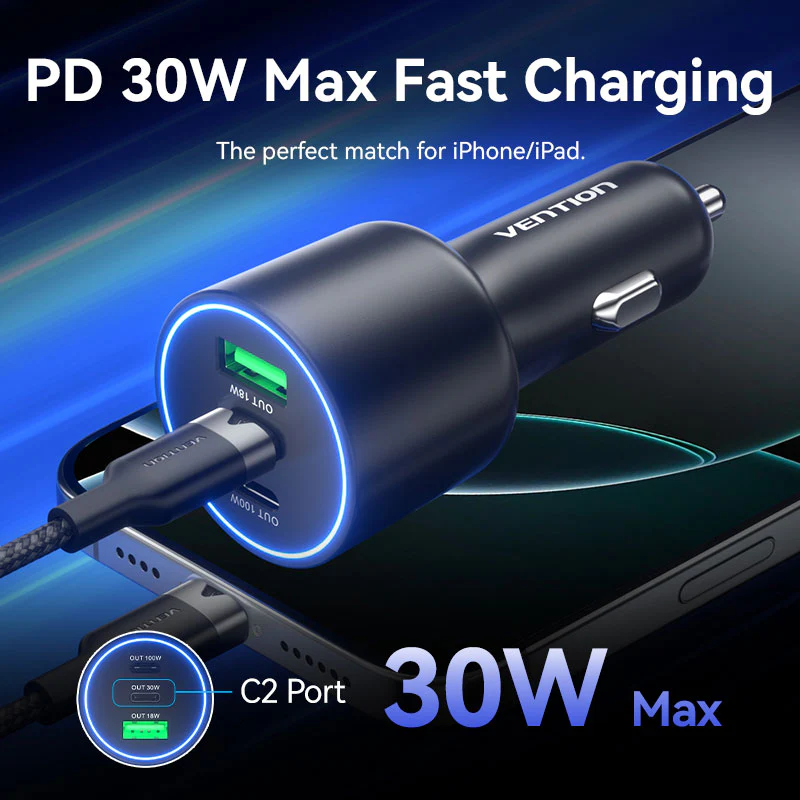 Vention Three-Port USB C+C+A (100W+30W+18W) Car Charger Black ABS Type - Image 4