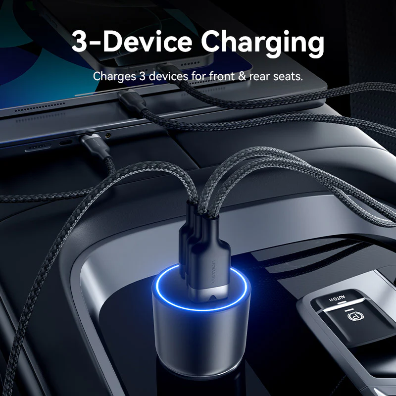 Vention Three-Port USB C+C+A (100W+30W+18W) Car Charger Black ABS Type - Image 6